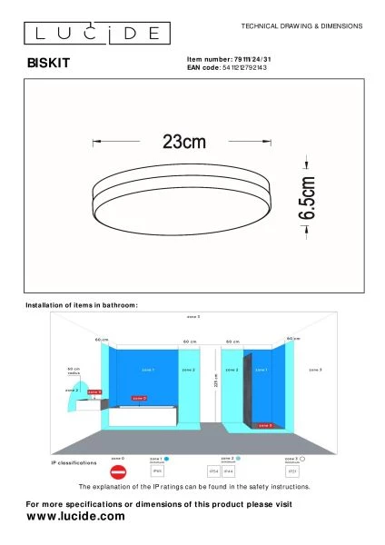 Lucide BISKIT - Flush ceiling light Bathroom - Ø 23 cm - LED - 1x12W 2700K - IP44 - Motion Sensor - White - technical